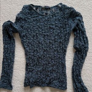 Zara Women's Sheer Dark Teal Lace Long Sleeve Top